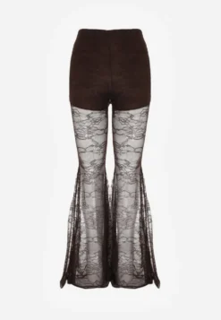 Brązowe Spodnie High Waist o Kroju Dzwonów z Koronki Ferella