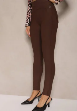 Brązowe Spodnie Skinny High Waist z Gumką w Talii Ivelbia
