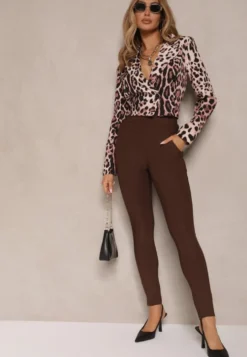 Brązowe Spodnie Skinny High Waist z Gumką w Talii Ivelbia
