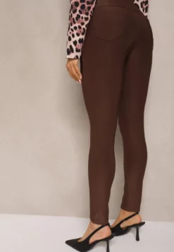 Brązowe Spodnie Skinny High Waist z Gumką w Talii Ivelbia