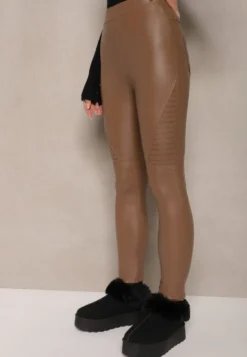 Brązowe Spodnie Skinny High Waist z Imitacji Skóry Ocieplane Polarową Wyściółką Lavimi