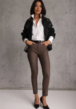 Brązowe Spodnie Skinny z Imitacji Skóry Operwena