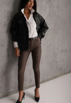 Brązowe Spodnie Skinny z Imitacji Skóry Operwena