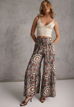 Brązowe Spodnie Typu Palazzo z Wiskozy High Waist z Gumką w Pasie Bistalia
