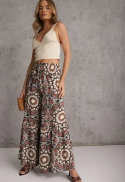 Brązowe Spodnie Typu Palazzo z Wiskozy High Waist z Gumką w Pasie Bistalia