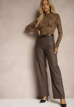 Brązowe Spodnie Woskowane o Szerokim Kroju High Waist Sezila