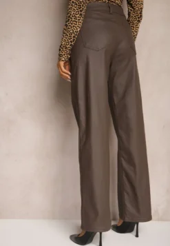 Brązowe Spodnie Woskowane o Szerokim Kroju High Waist Sezila