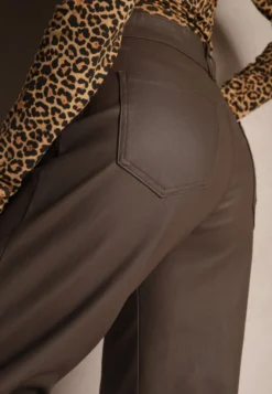 Brązowe Spodnie Woskowane o Szerokim Kroju High Waist Sezila