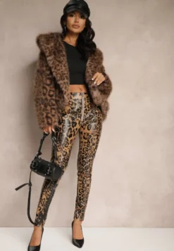Brązowe Spodnie w Panterkę High Waist z Imitacji Skóry z Ozdobnym Suwakiem i Ociepleniem Ilanilith
