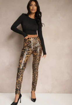 Brązowe Spodnie w Panterkę High Waist z Imitacji Skóry z Ozdobnym Suwakiem i Ociepleniem Ilanilith