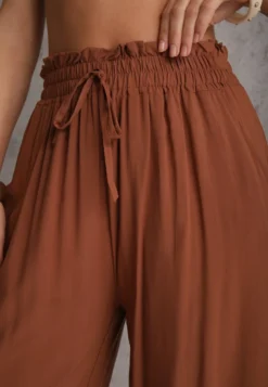 Brązowe Spodnie z Bawełny High Waist z Szerokimi Nogawkami i Gumką w Pasie Clisea