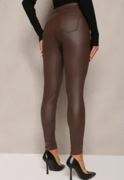 Brązowe Spodnie z Imitacji Skóry o Fasonie Skinny Sonowa
