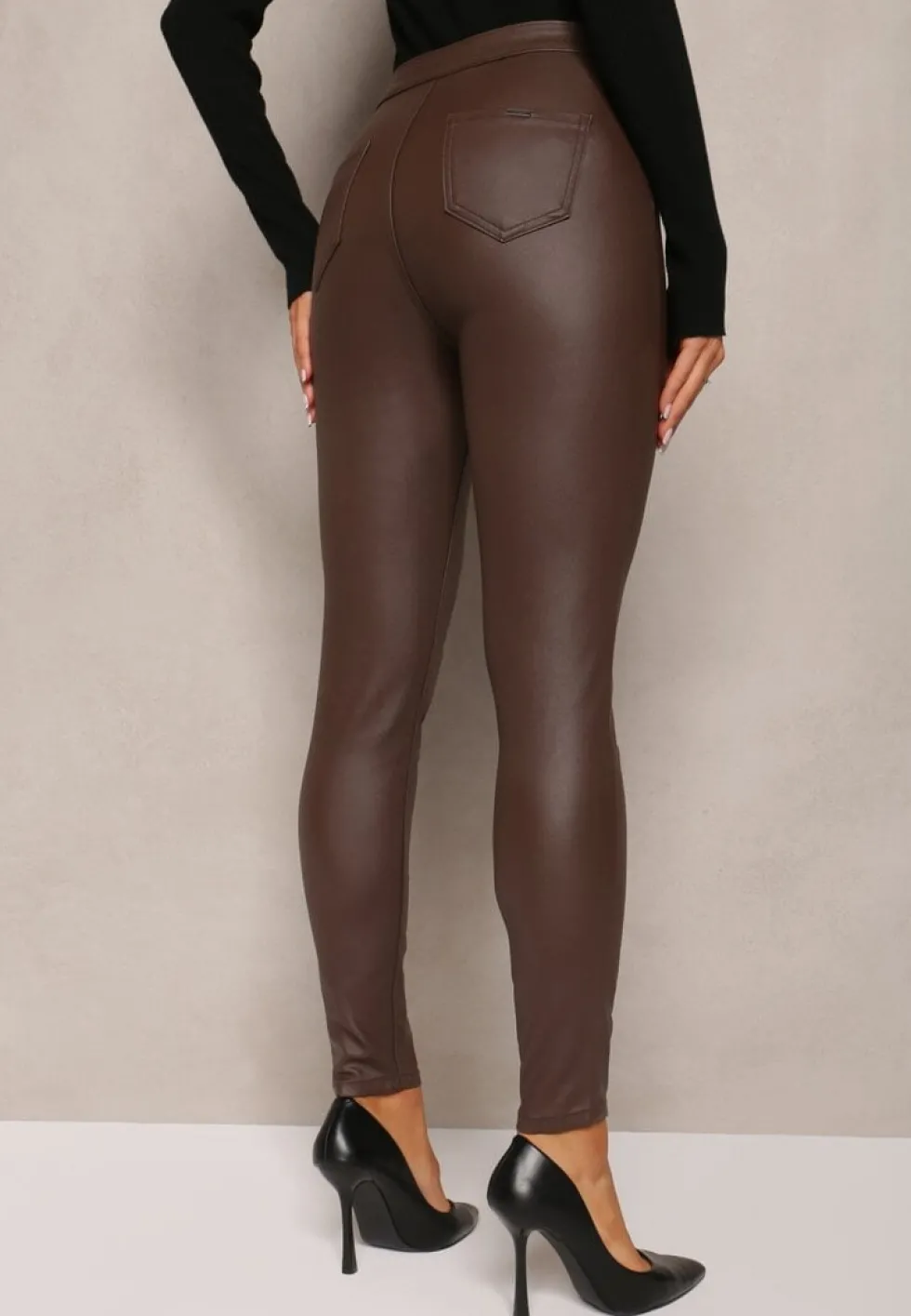 Brązowe Spodnie z Imitacji Skóry o Fasonie Skinny Sonowa