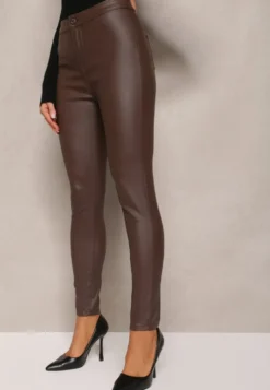 Brązowe Spodnie z Imitacji Skóry o Fasonie Skinny Sonowa