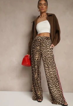 Brązowe Spodnie z Wiskozą High Waist o Szerokim Kroju z Lampasami Elosina