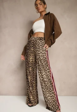 Brązowe Spodnie z Wiskozą High Waist o Szerokim Kroju z Lampasami Elosina