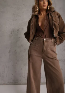 Brązowe Szerokie Jeansy High Waist z Bawełny Berinnessa