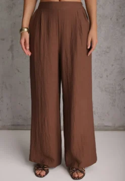 Brązowe Szerokie Spodnie Casual High Waist ze Strukturalnej Tkaniny Hyrarpia