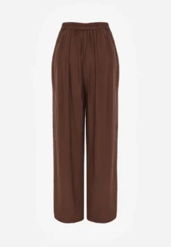 Brązowe Szerokie Spodnie Casual High Waist ze Strukturalnej Tkaniny Hyrarpia