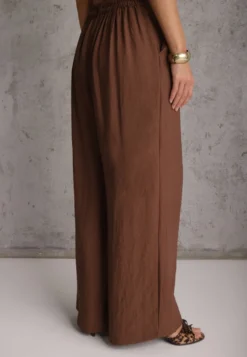 Brązowe Szerokie Spodnie Casual High Waist ze Strukturalnej Tkaniny Hyrarpia