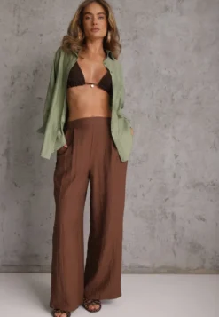 Brązowe Szerokie Spodnie Casual High Waist ze Strukturalnej Tkaniny Hyrarpia