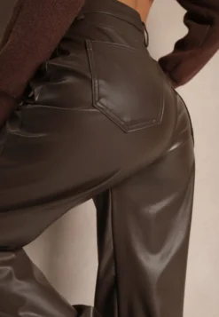 Brązowe Szerokie Spodnie High Waist z Imitacji Skóry Enawinn