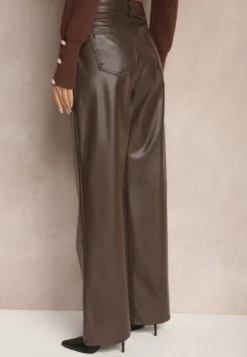 Brązowe Szerokie Spodnie High Waist z Imitacji Skóry Enawinn