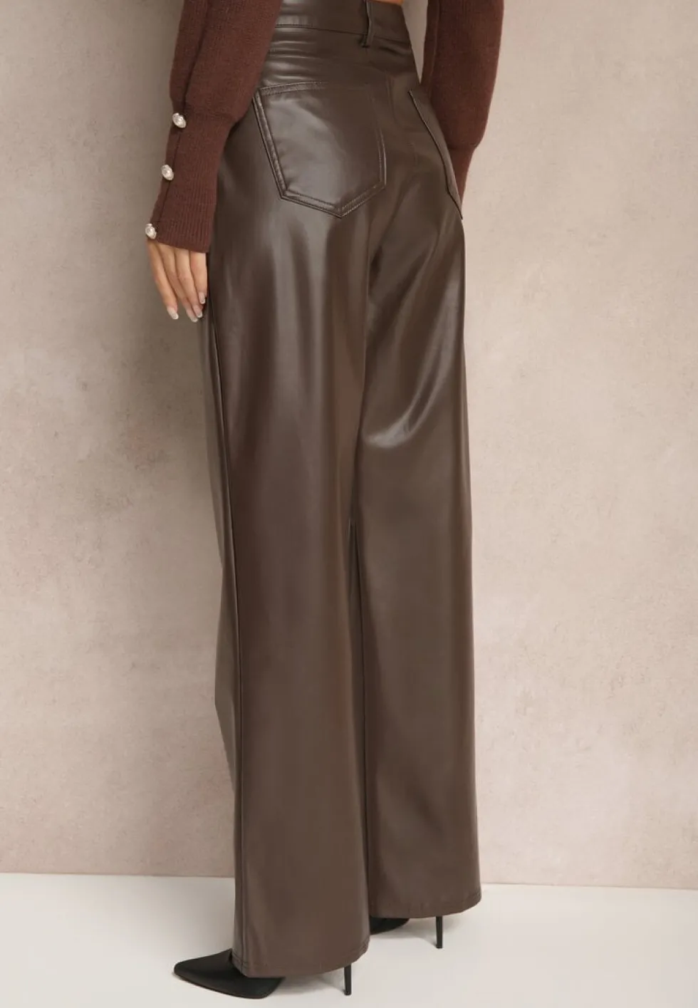 Brązowe Szerokie Spodnie High Waist z Imitacji Skóry Enawinn