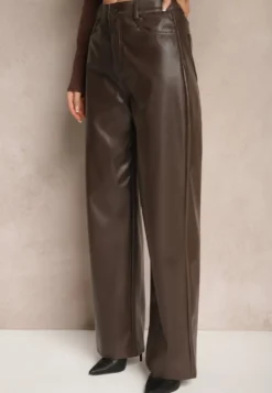 Brązowe Szerokie Spodnie High Waist z Imitacji Skóry Enawinn