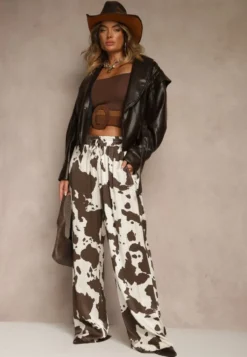 Brązowe Szerokie Spodnie High Waist z Wiskozy w Print w Krowie Łaty Nelianta