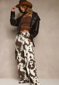 Brązowe Szerokie Spodnie High Waist z Wiskozy w Print w Krowie Łaty Nelianta