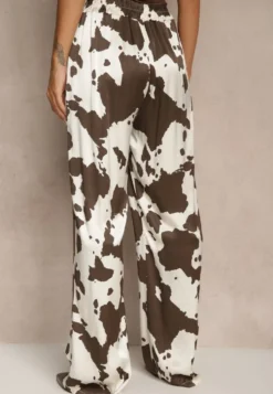 Brązowe Szerokie Spodnie High Waist z Wiskozy w Print w Krowie Łaty Nelianta