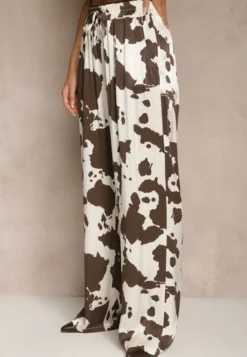 Brązowe Szerokie Spodnie High Waist z Wiskozy w Print w Krowie Łaty Nelianta