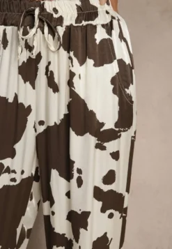 Brązowe Szerokie Spodnie High Waist z Wiskozy w Print w Krowie Łaty Nelianta