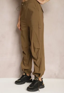 Brązowe Szerokie Spodnie High Waist w Stylu Bojówek Wykończone Gumką w Talii Ellcara