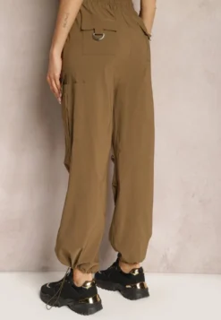 Brązowe Szerokie Spodnie High Waist w Stylu Bojówek Wykończone Gumką w Talii Ellcara