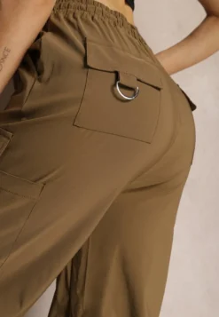 Brązowe Szerokie Spodnie High Waist w Stylu Bojówek Wykończone Gumką w Talii Ellcara