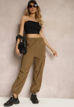 Brązowe Szerokie Spodnie High Waist w Stylu Bojówek Wykończone Gumką w Talii Ellcara