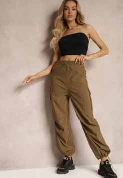 Brązowe Szerokie Spodnie High Waist w Stylu Bojówek Wykończone Gumką w Talii Ellcara