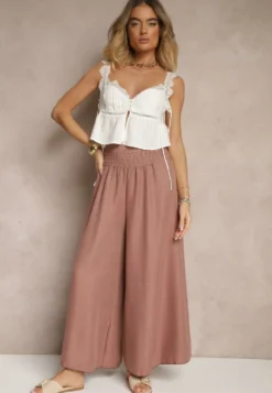 Brązowe Szerokie Spodnie High Waist z Elastycznymi Gumkami w Talii Varbia