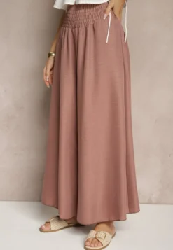 Brązowe Szerokie Spodnie High Waist z Elastycznymi Gumkami w Talii Varbia