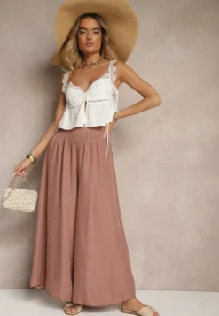 Brązowe Szerokie Spodnie High Waist z Elastycznymi Gumkami w Talii Varbia