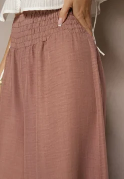 Brązowe Szerokie Spodnie High Waist z Elastycznymi Gumkami w Talii Varbia
