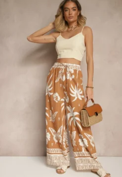Brązowe Szerokie Spodnie z Gumką w Pasie w Stylu Boho Evirami