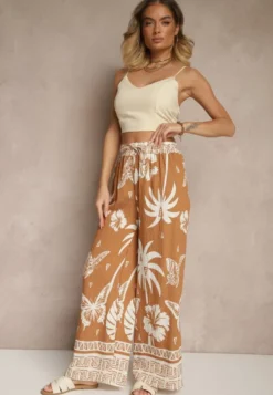 Brązowe Szerokie Spodnie z Gumką w Pasie w Stylu Boho Evirami