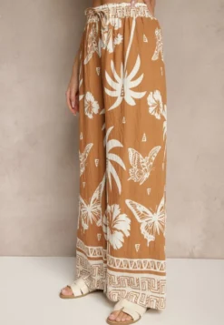 Brązowe Szerokie Spodnie z Gumką w Pasie w Stylu Boho Evirami