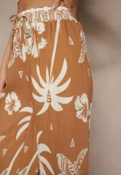 Brązowe Szerokie Spodnie z Gumką w Pasie w Stylu Boho Evirami