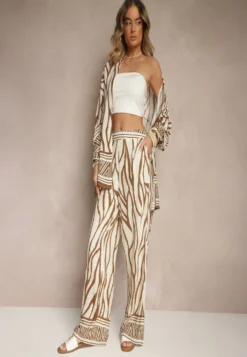 Brązowe Szerokie Spodnie z Wiskozy z Lnem High Waist w Zwierzęcy Wzór Fenariela