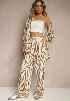 Brązowe Szerokie Spodnie z Wiskozy z Lnem High Waist w Zwierzęcy Wzór Fenariela