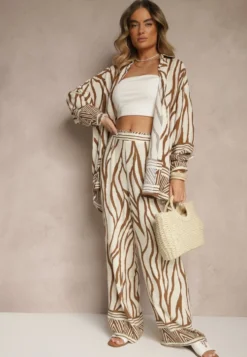 Brązowe Szerokie Spodnie z Wiskozy z Lnem High Waist w Zwierzęcy Wzór Fenariela